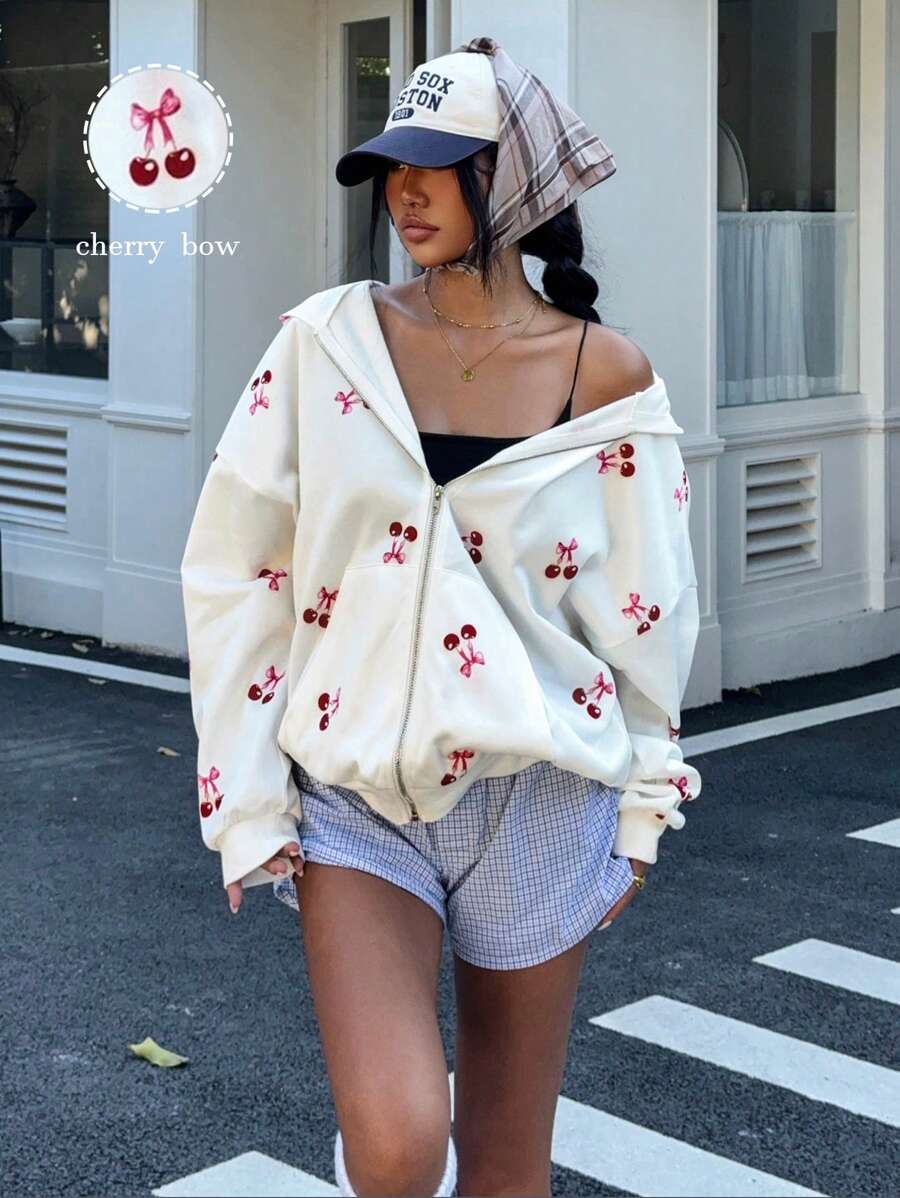 Flirla 女士樱桃印花落肩拉链连帽卫衣,秋季保暖长袖上衣,毕业季、教师节、返校季套头衫 - 白色 - 查看 1