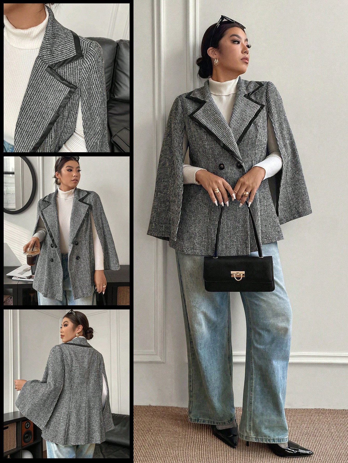 Calvaya معطف أنيق بكم خفاش مزين بشريط تباين وازرار...