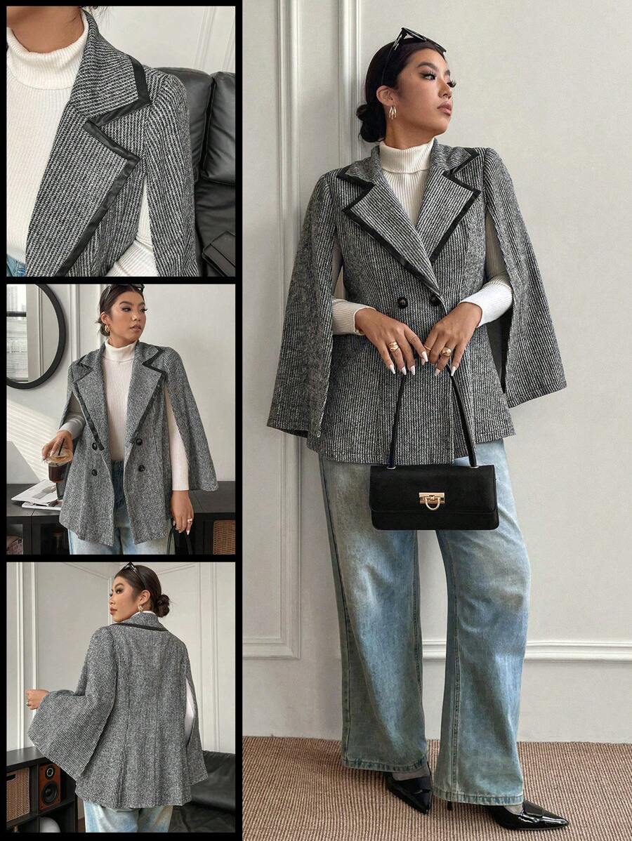 Calvaya Plus Size Two-Row Button Contrast Trim Batwing Sleeve Elegant Coat - Multicolor - View 1