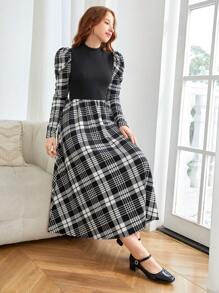 SHEIN 少女黑白立领 A 字型中长连衣裙，带几何图案和羊腿袖，适合户外和派对穿着 - 黑色 - 查看 5