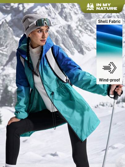 In My Nature Women's Winter Contrast Color Long Sleeve Drawstring Waist Long Hooded Casual Outdoor Ski Jacket