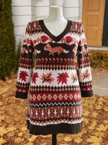 Sunnyshic Plus Size Casual Jacquard Pattern Christmas Sweater Dress, Suitable For Thanksgiving, For Winter - Multicolor - View 1
