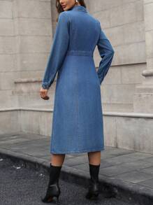 SHEIN LUNE Women's Front Button Long Sleeve Shirt Collar Simple Casual Denim Dress - Dark Wash - View 2