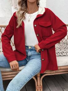1 Áo khoác hoodie màu trơn có túi cài phía trước, lót lông cừu, mặc thường ngày cho mùa thu đông năm mới - Đỏ - Xem 6