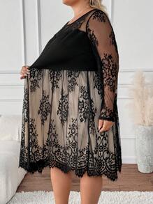 SHEIN CURVE+ Vestido de encaje negro de talla grande para mujer de línea A elegante para otoño e invierno - Multicolor - Ver 4