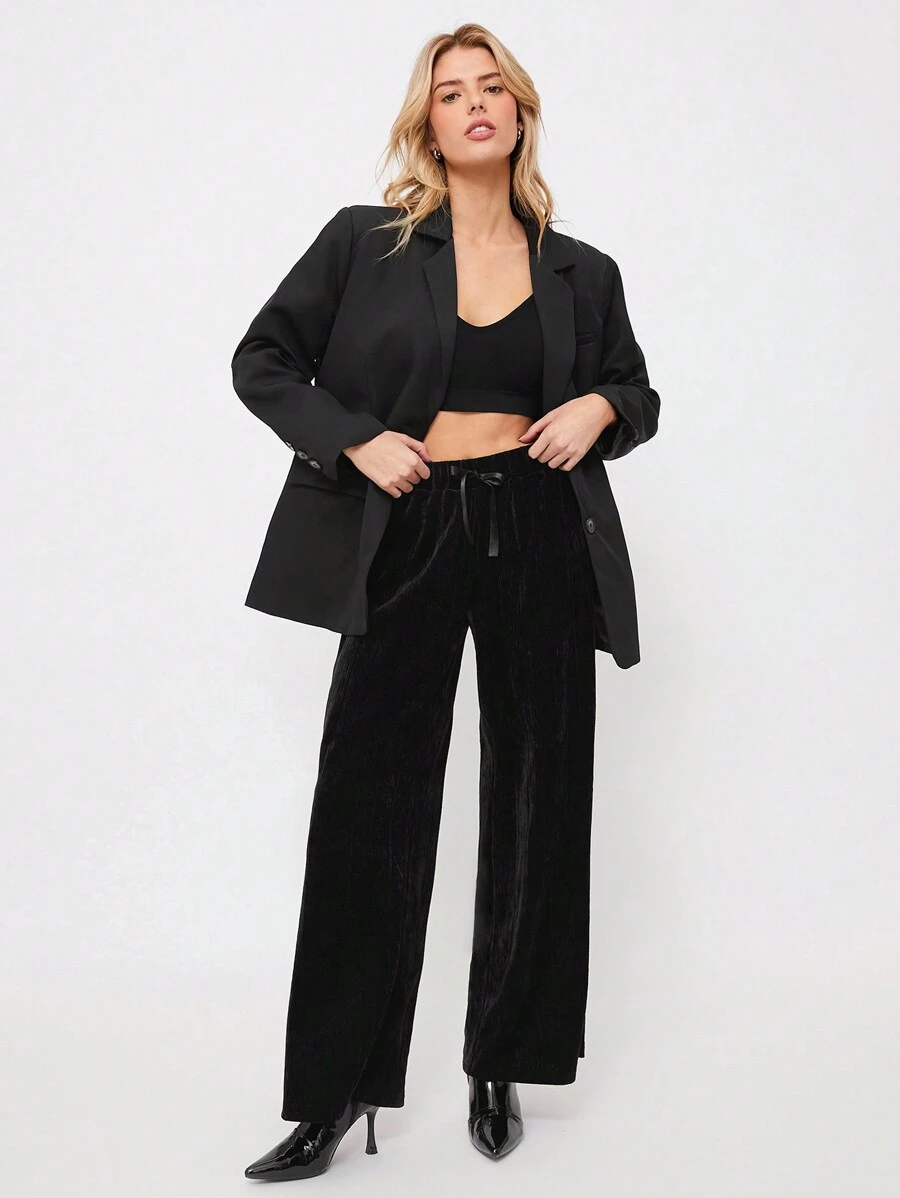 SHEIN EZwear 女士系腰休闲阔腿宽松裤 - 黑色 - 查看 1