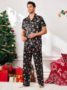 CoupledUp Ensemble de pyjamas avec col châle en faux soie avec imprimé d'éléments de Noël dessin animé pour hommes