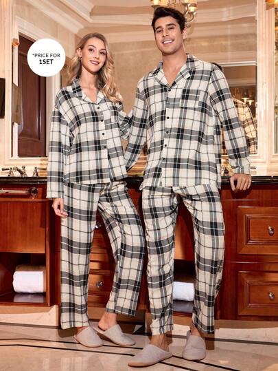 Conjunto de pijama de manga larga, cuello de solapa y estampado de cuadros suelto para hombres