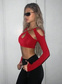 SHEIN ICON 1 件女式纯色长袖镂空休闲上衣 - 酒紅色 - 查看 4