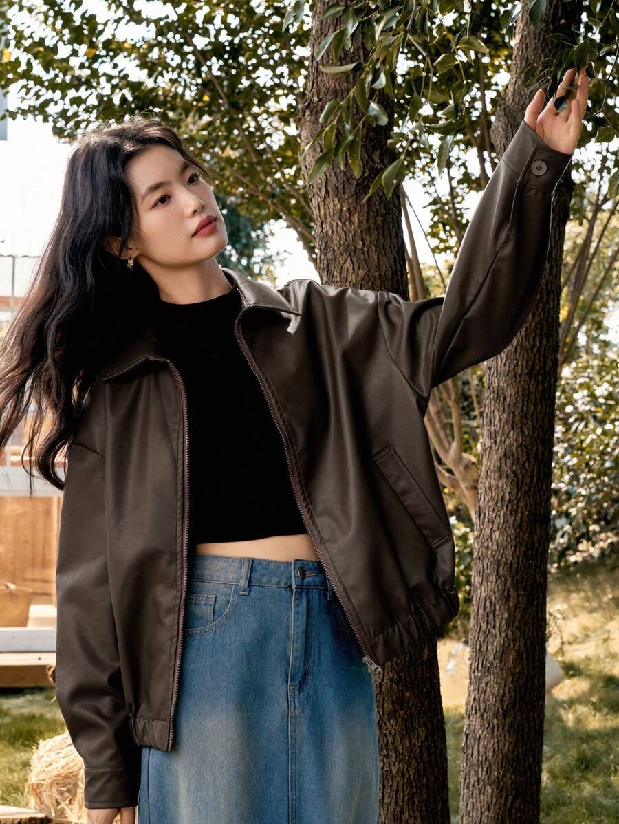 DAZY Women's Solid Color Dropped Shoulder Long Sleeve PU Leather Loose Casual Jacket, Autumn,Fall Women Clothes