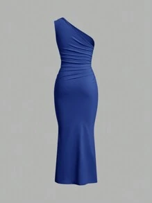 SHEIN EZwear 1pc Plain Color Asymmetric Neck Ruched Extra Long Fishtail Elegant Sleeveless Dress - Royal Blue - View 2