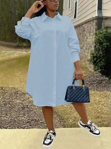 Maweii Plus Size Plain Front Button Closure Long Sleeve Casual Short Dress - Dusty Blue - View 1