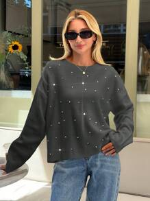 EURMUSE Woman Loose Fit Comfy Warm Rhinestones Detailed Sweater - Grey - View 3