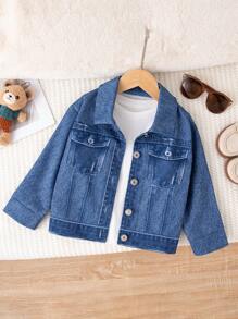 年轻女孩牛仔效果 3D 仿装饰前开翻领长袖夹克，时尚街头服饰，秋春 - 中等水洗藍 - 查看 2