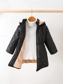 SHEIN Babygirl minimalistische, vielseitig einsetzbare, warme, mit Plüsch gefütterte Kapuzen-Langarmjacke, geeignet für Outdoor, Skifahren im Herbst/Winter - Schwarz - Übersicht 1