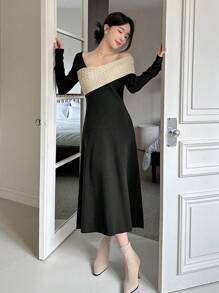 DAZY 1pc Women Asymmetric Contrast Color Sweater Dress Off Shoulder,Fall Clothes - Black - View 9