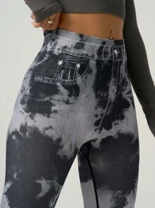 Core Rhythm Leggings sin costuras con efecto de mezclilla y teñido anudado - Negro - Ver 6