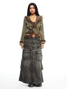 ROMWE Grunge Punk Women Furry Patchwork Denim Jacket/Coat - Army Green - View 4