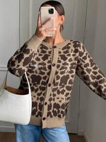 DAZY Leopard Printed & Embroidery Letter Design Women Cardigan Cheetah Print,Fall Clothes - Brown - View 3