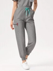 Scrubzie Bộ đồng phục chức năng áo và quần ngắn tay cổ chữ V màu trơn cho nữ - Xám - Xem 6