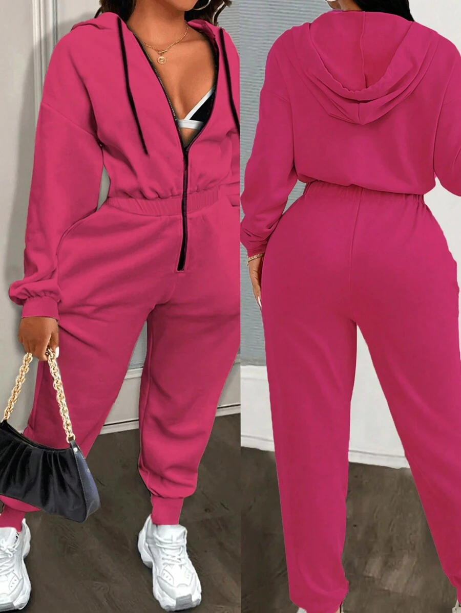 Zolique 女士休闲撞色抽绳连帽连体裤，长袖 - 玫紅色 - 查看 1