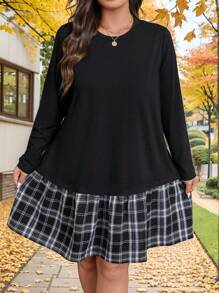 EMERY ROSE Vestido holgado de manga larga, cuello redondo, parcheado con tartán negro, para talla grande, otoño