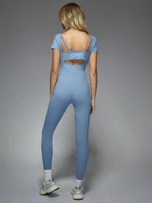 MISSGUIDED Double Layer Scoop Neck Short Sleeves Fitted Sports Jumpsuit - Blue - View 2