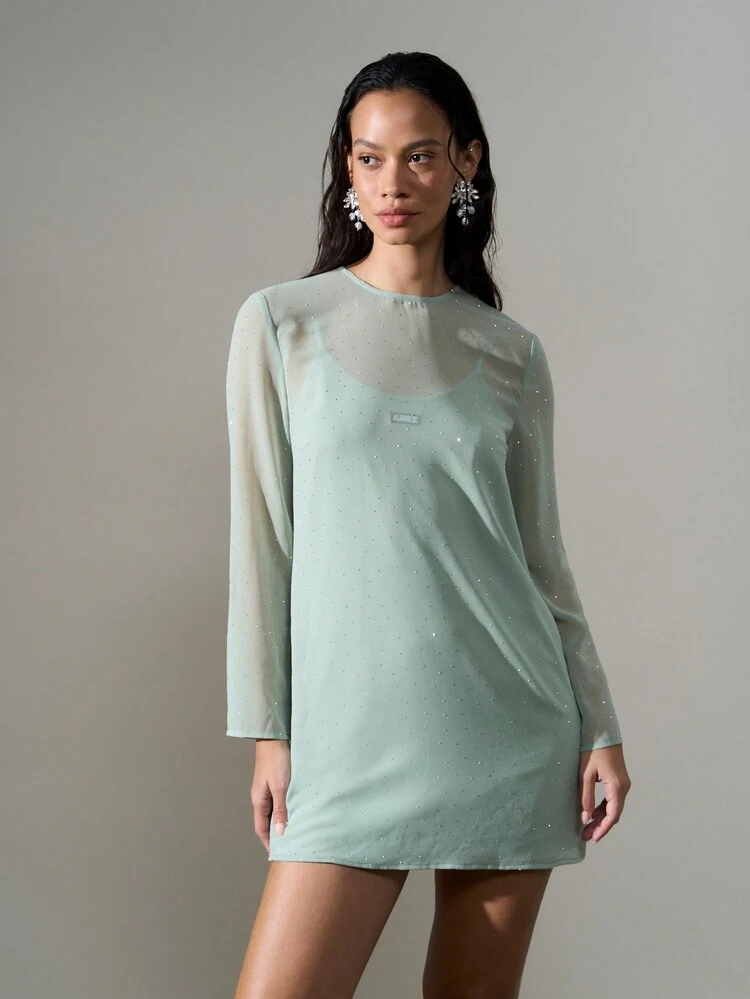 AiiRZ Elegant Mint Sparkle Mini Dress Long Sleeve Party St Patrick's Day Irish Holiday Evening Sheer Glitter Sheath Special Occasion Lucky Charm Wedding Guest Dress