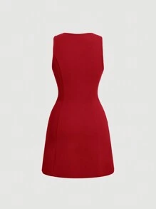 SHEIN MOD 女式休闲纯色前扣无袖连衣裙，秋季 - 紅色 - 查看 2