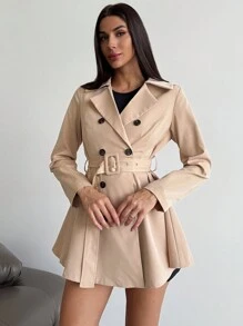 Firerie Trench-coat beige à col cranté pour femmes, manches longues, double boutonnage, avec une corsetière à la taille - Kaki - Voir 3