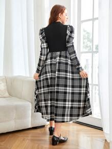 SHEIN 少女黑白立领 A 字型中长连衣裙，带几何图案和羊腿袖，适合户外和派对穿着 - 黑色 - 查看 2