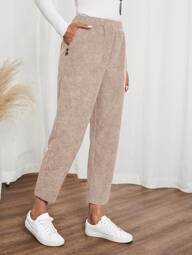 EMERY ROSE Calças casuais femininas de veludo cotelê com bolsos de cor sólida e cintura elástica