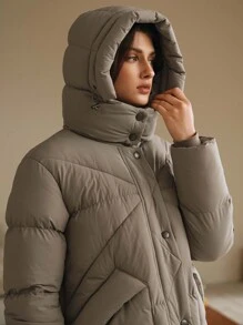 Anewsta 厚款长款连帽横缝女式大衣 - 灰色 - 查看 4