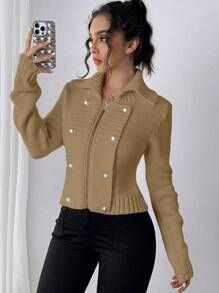 Chiquease Women's Solid Color Double-Breasted Casual Long Sleeve Knit Cardigan - Khaki - View 5