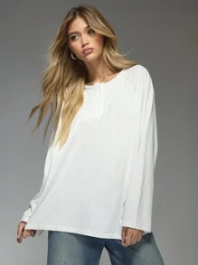 MISSGUIDED Áo thun oversize tay dài viền thô cài nút phía trước - trắng - Xem 5