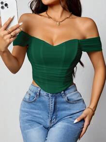 SHEIN PETITE 女士露肩短袖不对称下摆褶饰修身衬衫 - 墨綠色 - 查看 6