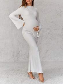 SHEIN Maternity Elegant Long Ball Gown, Black Color, Bell Sleeve, Bodycon Maxi Mermaid Dress For Pregnant Women