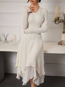 Modelyn 女士优雅纯色不对称下摆中长连衣裙，秋季优雅连衣裙长袖不对称连衣裙奶油色毛衣连衣裙米色连衣裙女士长款晚礼服 - 杏色 - 查看 6