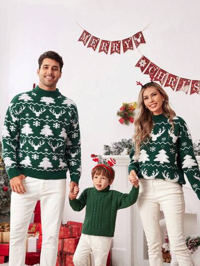 Manfinity VCAY Men Christmas Tree & Deer Contrast Color Crew Neck Loose Drop Shoulder Casual Graphic Colorful Long Sleeve Sweater, Suitable For Christmas Family & Couple Matching Sets, For Vacation, Family Matching