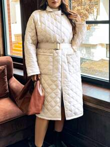 SHEIN Privé Plus Size Casual Turndown Collar Pockets Long Padded Coat, Suitable For Commuting, Autumn/Winter