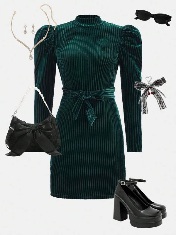 Girlism Teen Girl Deep Green Velvet High Neck Gigot Sleeve A-Line Dress, Party Dress For Christmas