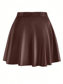 Flirla Plus Size Solid Color A-Line Skirt, Casual And Simple, Autumn/Winter - Brown - View 2