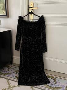 DAZY Nuevo vestido largo con hombros descubiertos para mujer para otoño, vestido de fiesta de Año Nuevo, vestido de graduación para mujer, vestido de lujo con lentejuelas y hombros descubiertos, elegante vestido de mujer para carnaval, vestido largo brillante - Negro - Ver 3