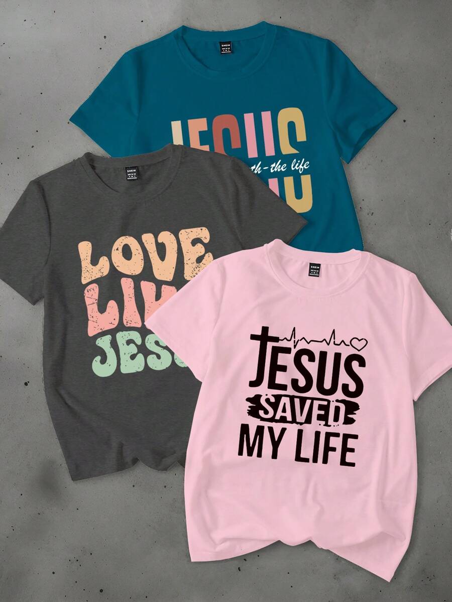 INAWLY Bộ 3 áo thun nữ cổ tròn tay ngắn in họa tiết hoạt hình bó sát thường ngày, áo phông họa tiết mùa hè cho nữ - Nhiều màu - Xem 1