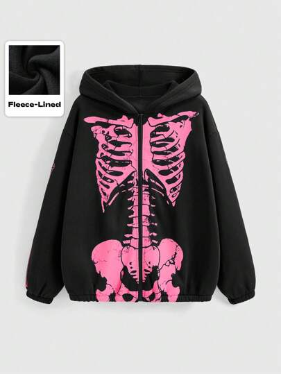 Kawaii Veste à capuche grande taille imprimée de squelette bicolore de style PUNK