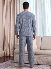 CoupledUp Cute Bear Embroidered Plush Long Sleeve & Pants Men Sleepwear Set - Baby Blue - View 3