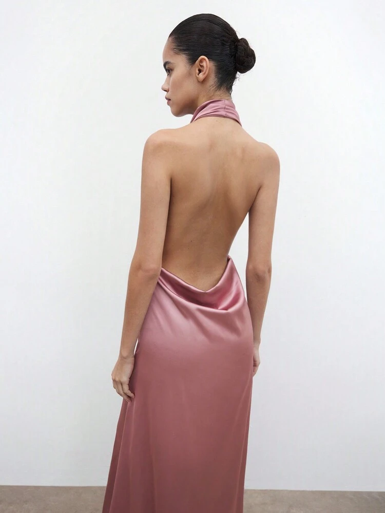 SHEIN Maija Elegant Backless Draped Neck Satin Weave Dress In Champagne Pink, For Parties, Weddings And Casual Everyday Wear