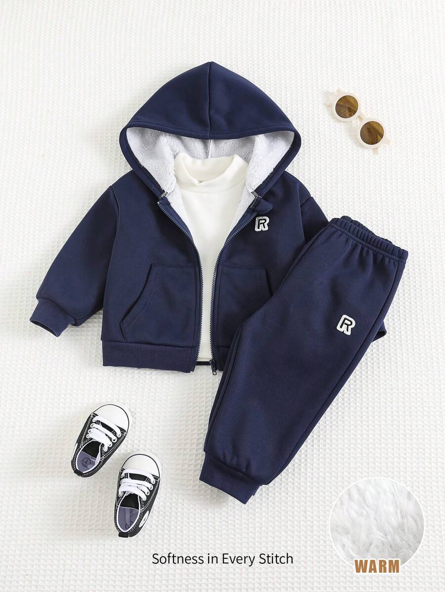 Cozy Pixies Set de 2 piezas de chaqueta con capucha suave de punto con estampado de letras y pantalón de chándal para bebé niño