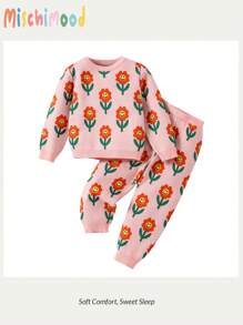 Colorful Dopamine Floral Intarsia Sweater And Knitted Pants 2-Piece Outfit For Baby Girl, Showcases A Vibrant And Lively Style