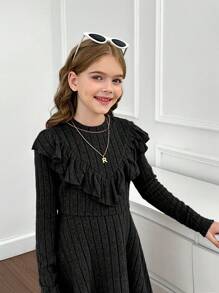 SHEIN Tween Girls Knit Ribbed Stand Collar Ruffle Hem Fitted Casual Long Sleeve Dress - Black - View 4